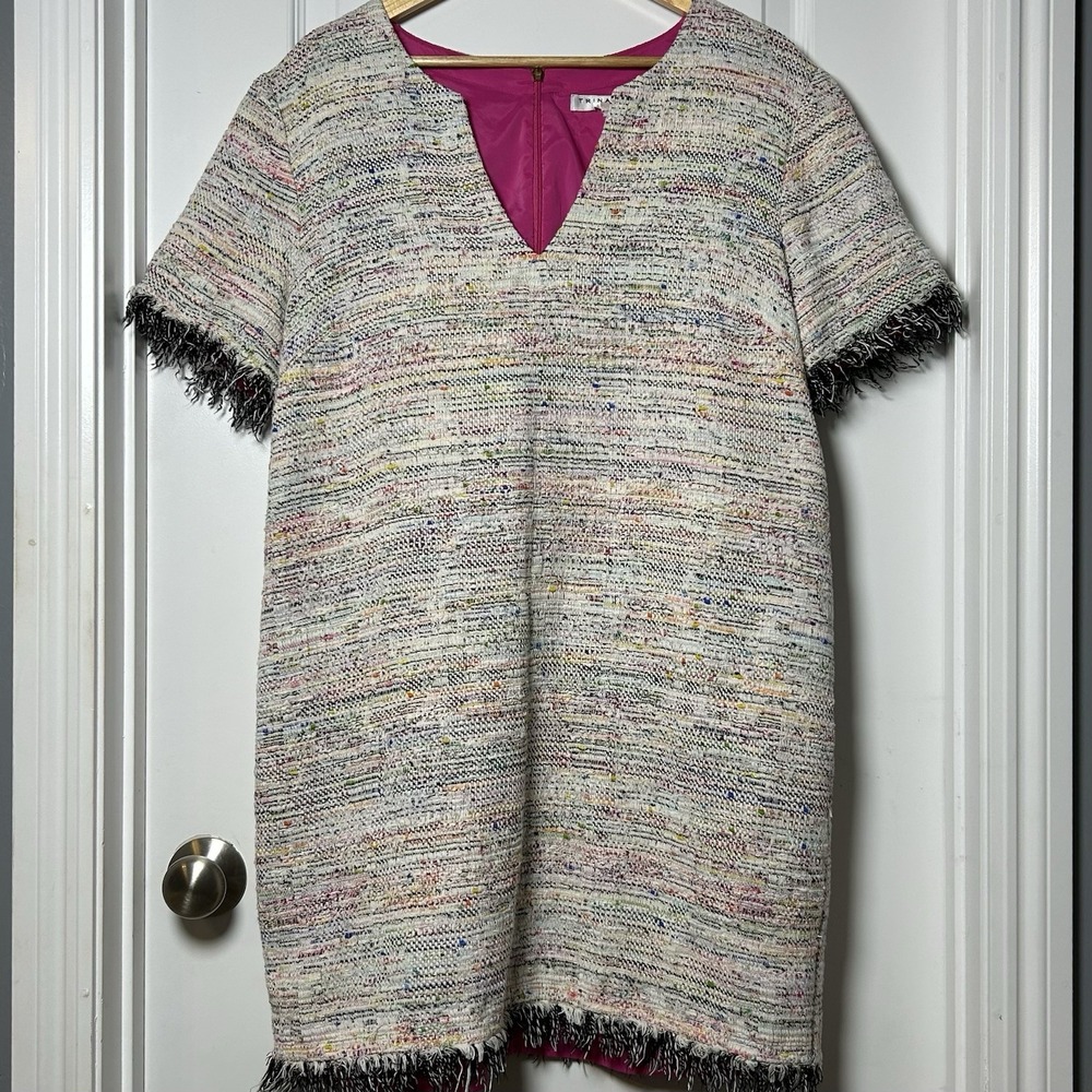 Trina Turk Multicolor Boucle Woven Tweed Fringe Short Sleeve V-Neck Shift Dress
